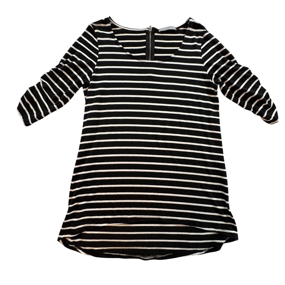 Olivia Moon Black White Striped Ruched 3/4 Sleeve High‎ Low Tunic Top Small USA